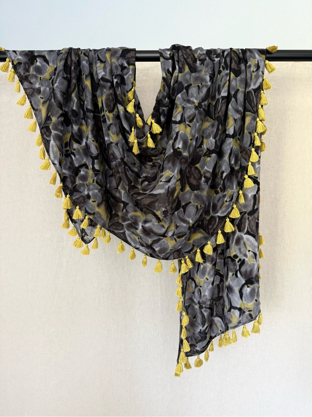 J.Crew | Floral Scarf Blue Gray Chartreuse Tassel Wrap - Picture 2 of 9